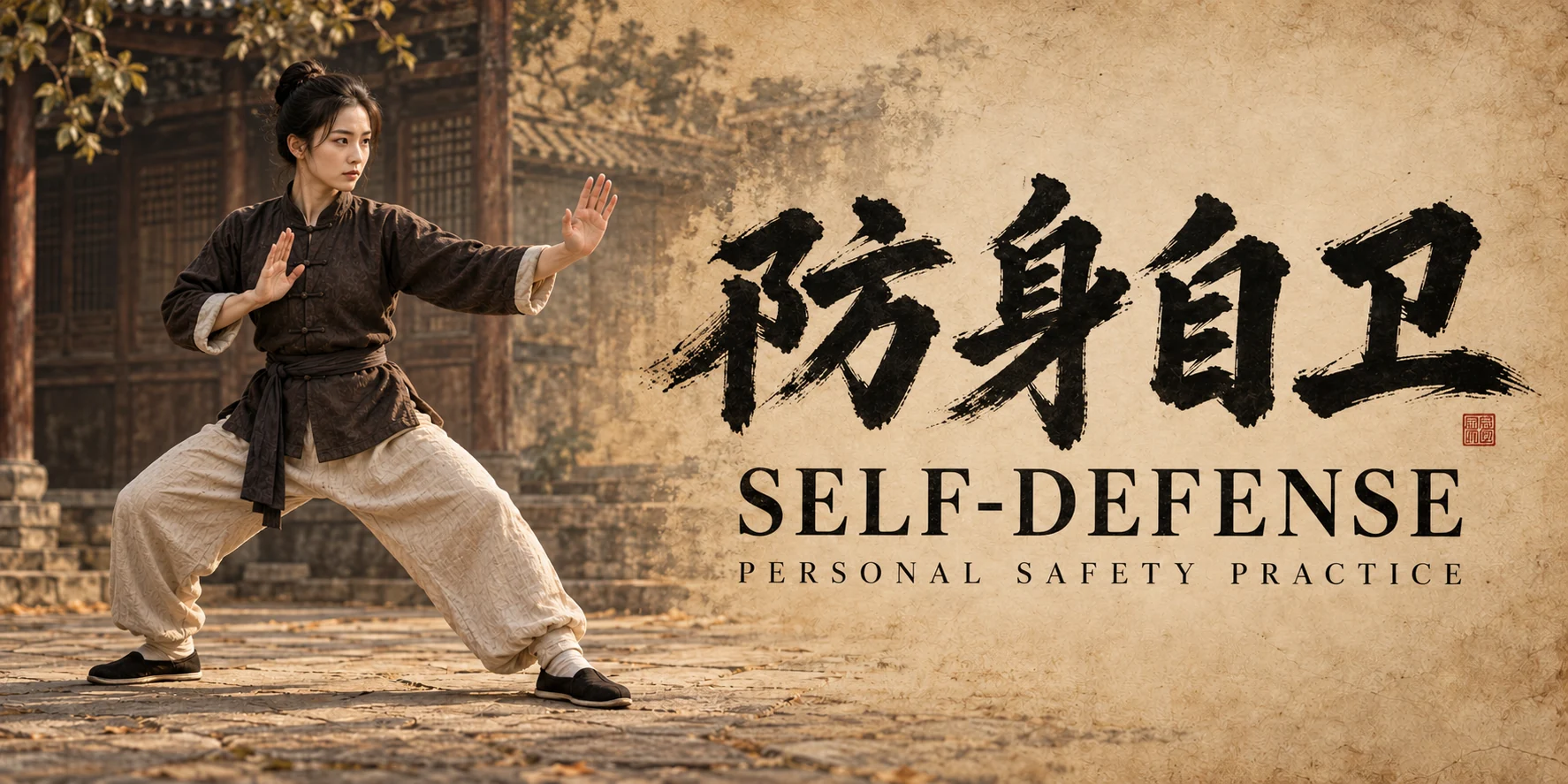 Original self-defense illustration with fictional practitioners, Chinese ink calligraphy and English lettering on warm paper.